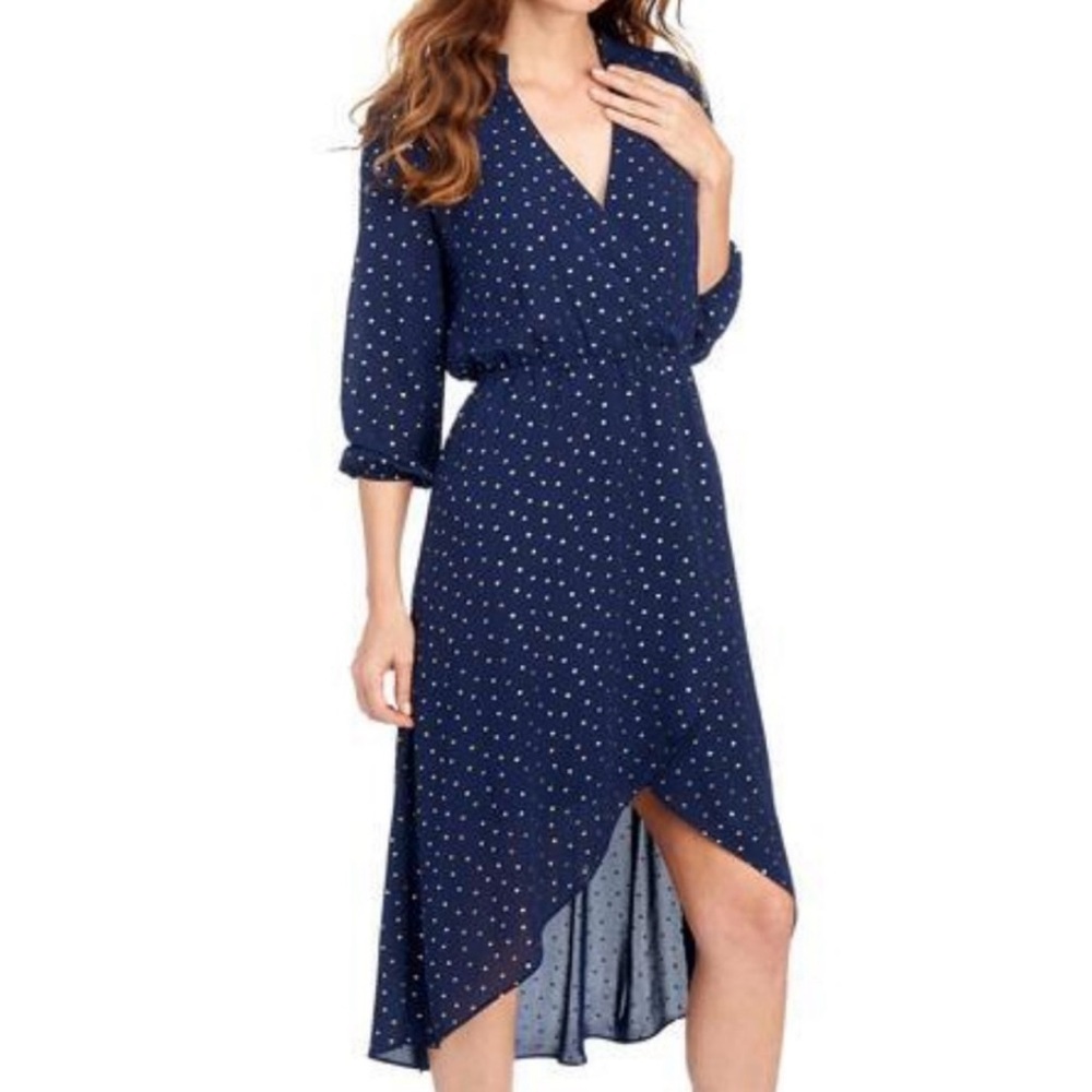 Laundry Navy Blue Gold Printed V-Neck Asymmetrical Wrap High Low Dress, 20W/2X